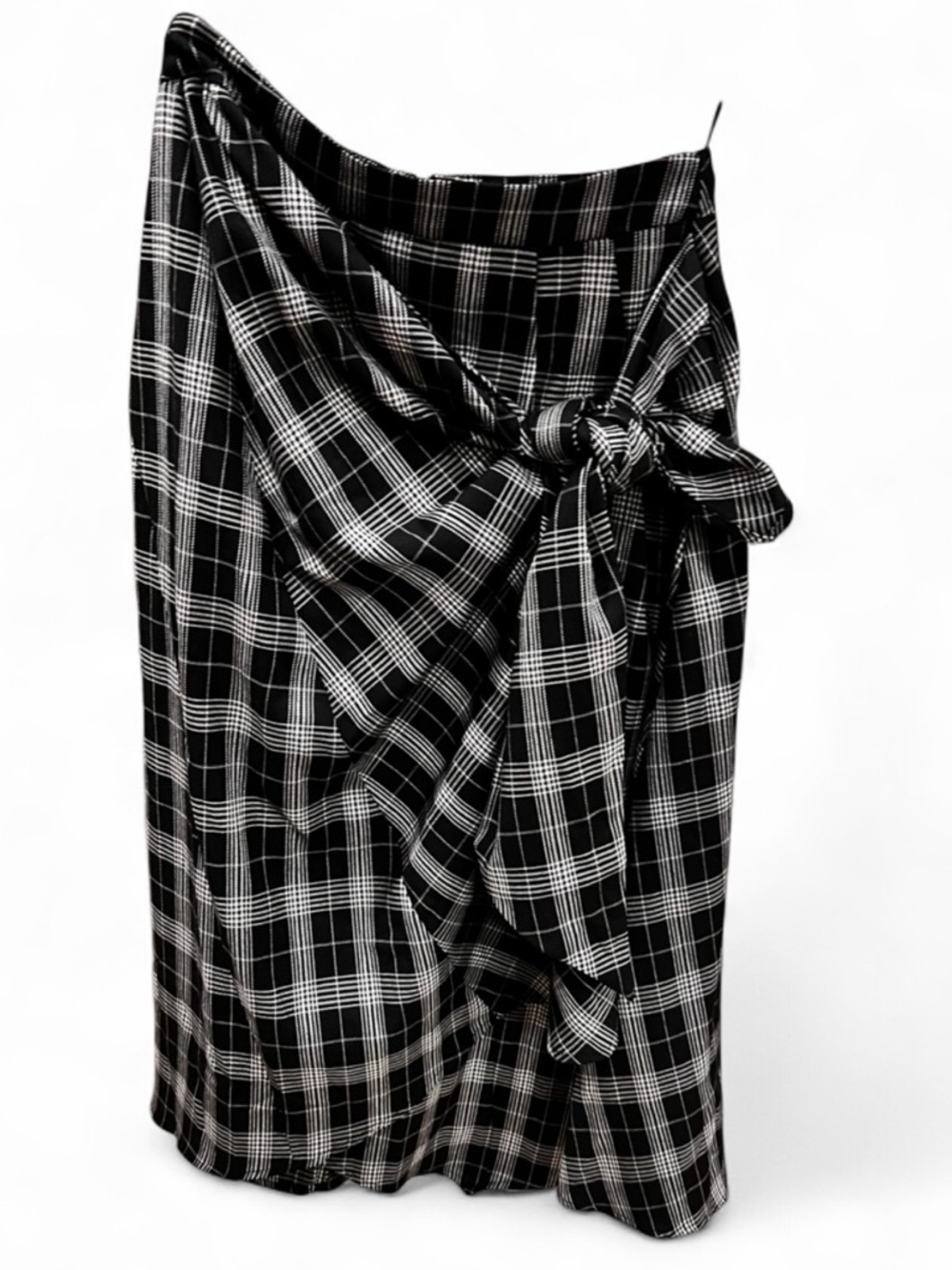 Commense Black & White Plaid Tie-Front Midi Skirt